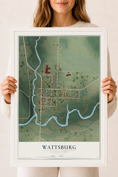 Map of Wattsburg, Pennsylvania, 18 x 24 inch print in a white wood frame