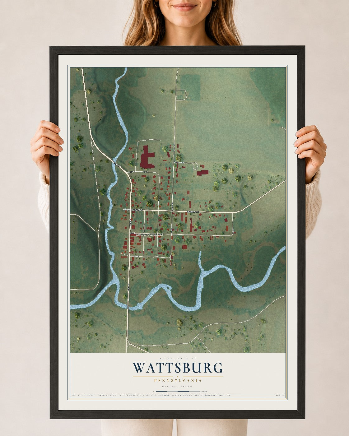 Map of Wattsburg, Pennsylvania, 24 x 36 inch print in a black wood frame