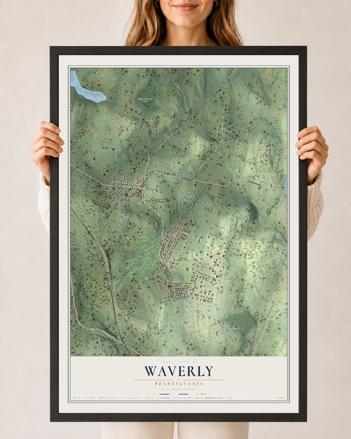 Map of Waverly, Pennsylvania, 24 x 36 inch print in a black wood frame