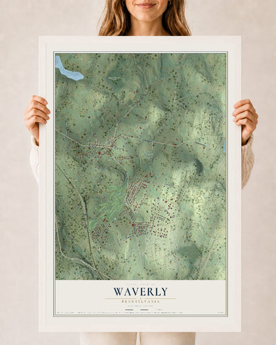 Map of Waverly, Pennsylvania, 24 x 36 inch print in a white wood frame