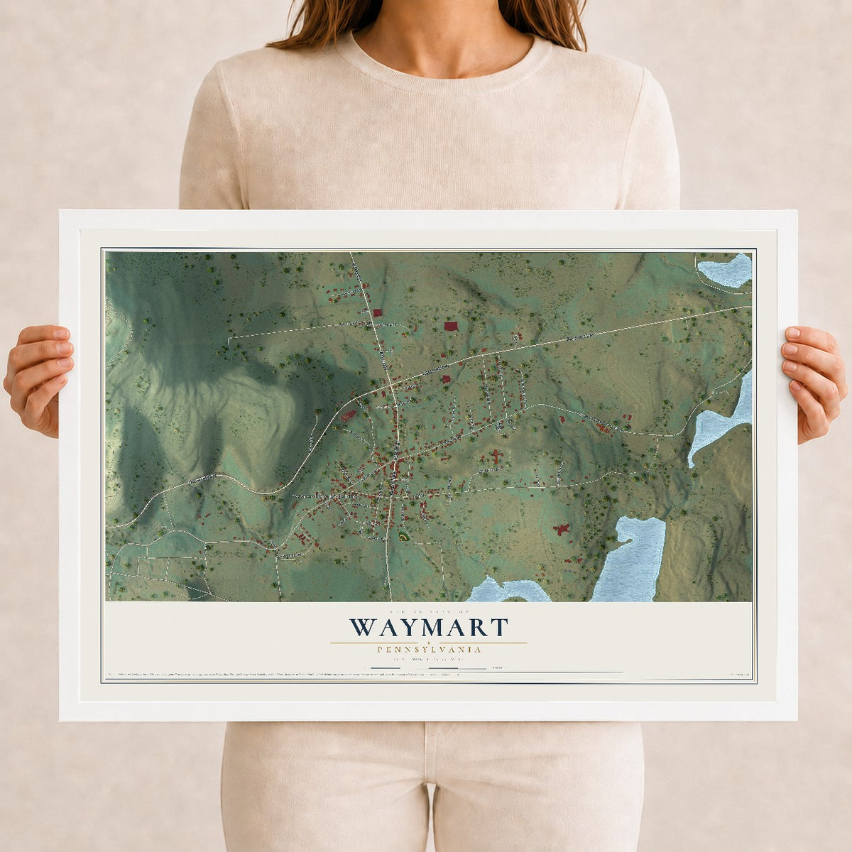 Map of Waymart, Pennsylvania, 12 x 18 inch print in a white wood frame