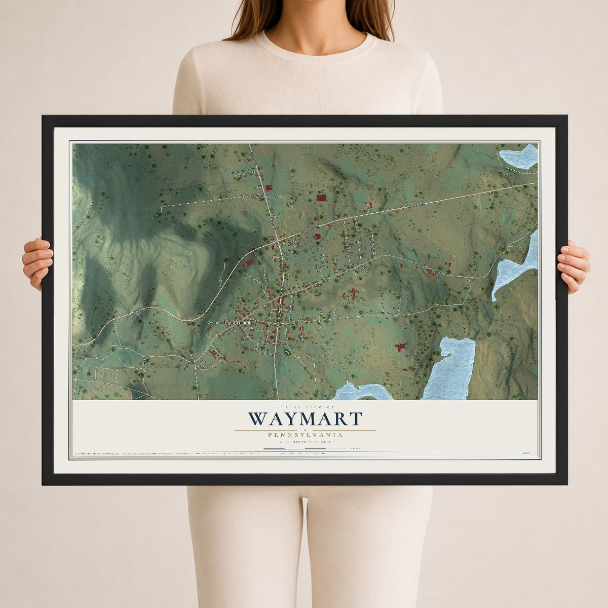 Map of Waymart, Pennsylvania, 24 x 36 inch print in a black wood frame