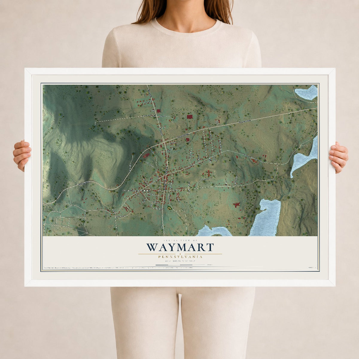 Map of Waymart, Pennsylvania, 24 x 36 inch print in a white wood frame