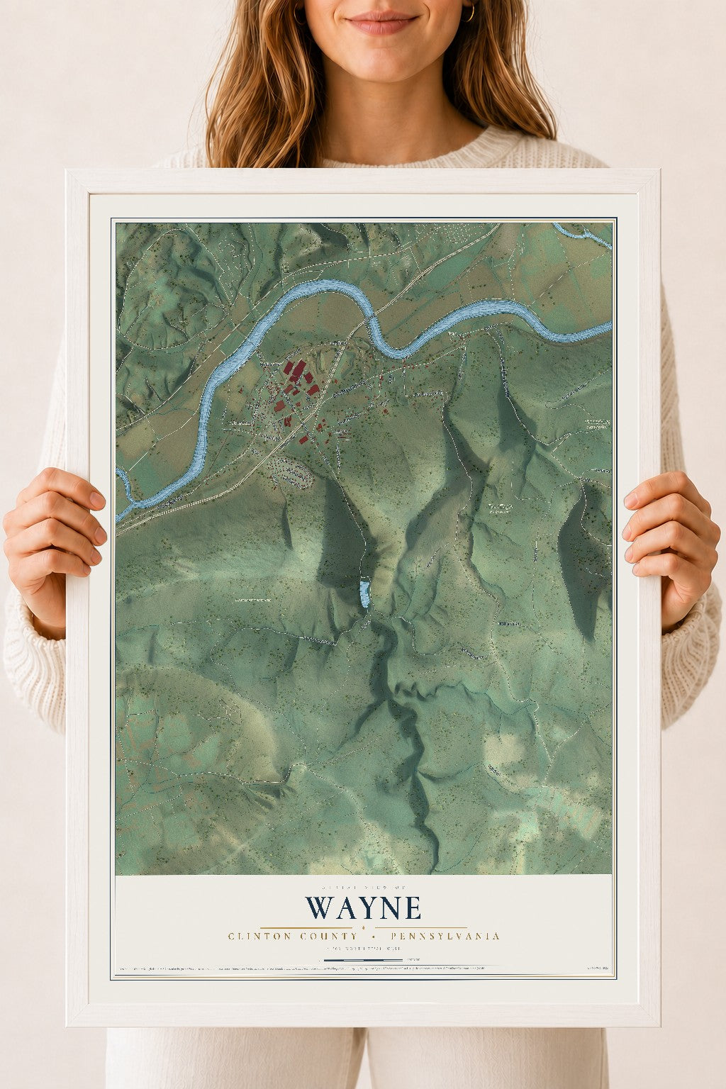 Map of Wayne, Clinton County, Pennsylvania, 18 x 24 inch print in a white wood frame