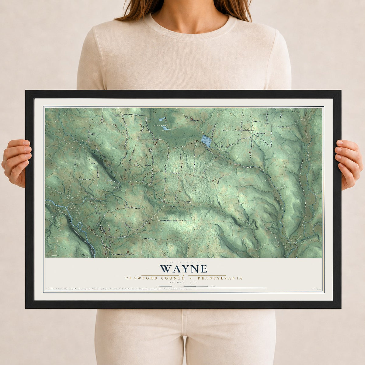 Map of Wayne, Crawford County, Pennsylvania, 12 x 18 inch print in a black wood frame