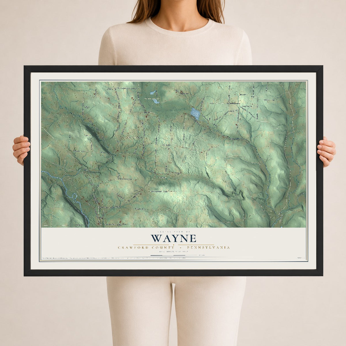 Map of Wayne, Crawford County, Pennsylvania, 24 x 36 inch print in a black wood frame