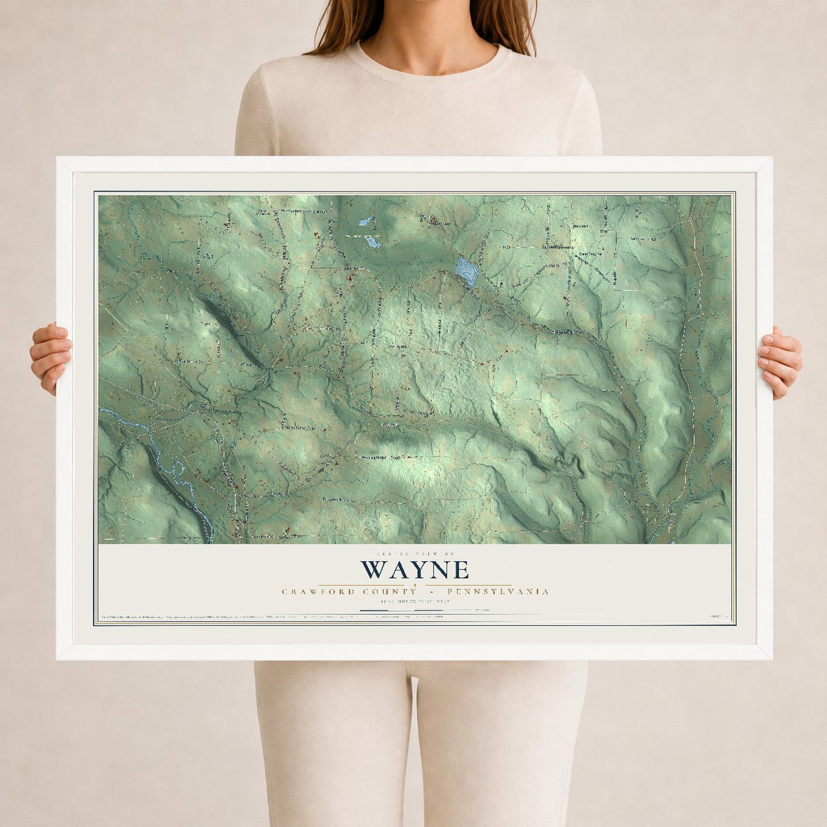 Map of Wayne, Crawford County, Pennsylvania, 24 x 36 inch print in a white wood frame