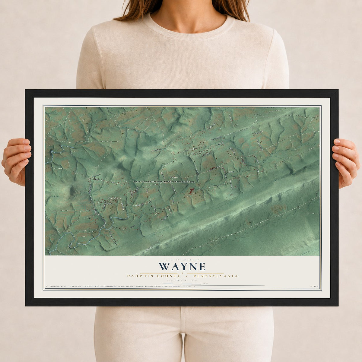 Map of Wayne, Dauphin County, Pennsylvania, 12 x 18 inch print in a black wood frame