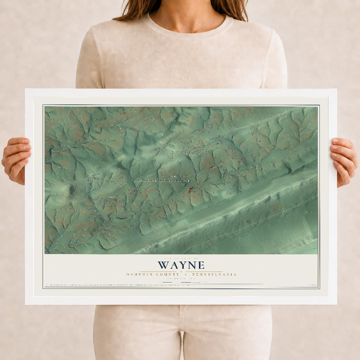 Map of Wayne, Dauphin County, Pennsylvania, 12 x 18 inch print in a white wood frame
