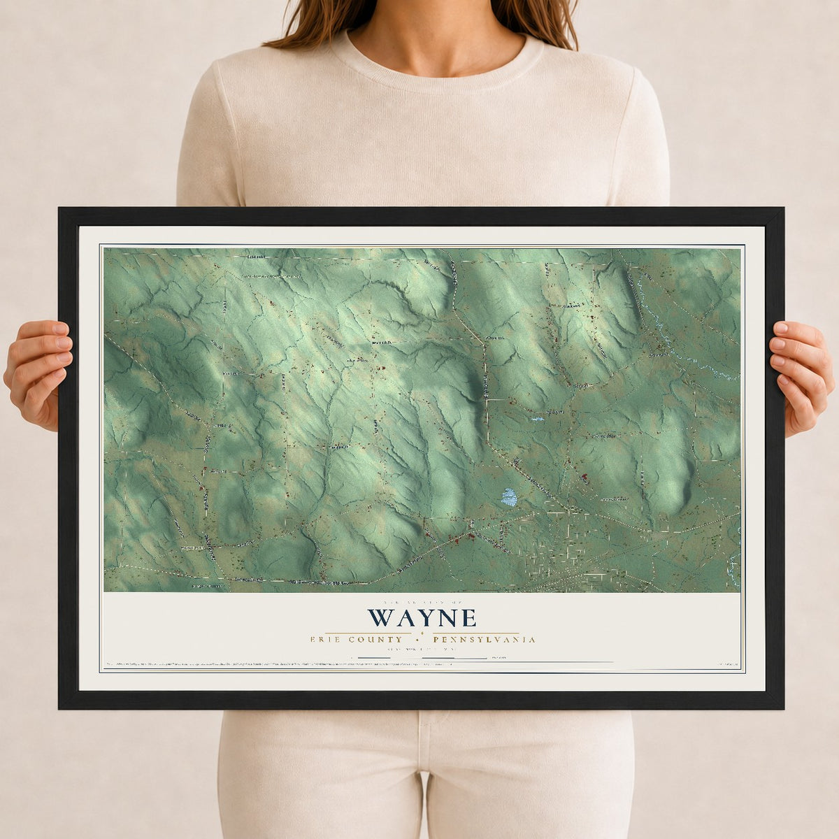 Map of Wayne, Erie County, Pennsylvania, 12 x 18 inch print in a black wood frame