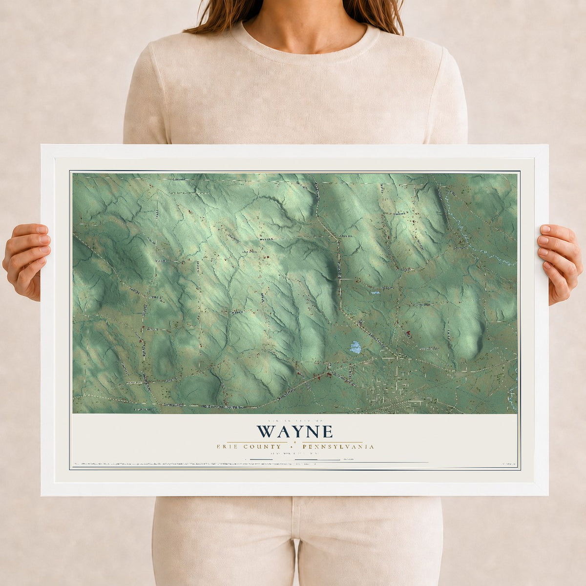 Map of Wayne, Erie County, Pennsylvania, 12 x 18 inch print in a white wood frame