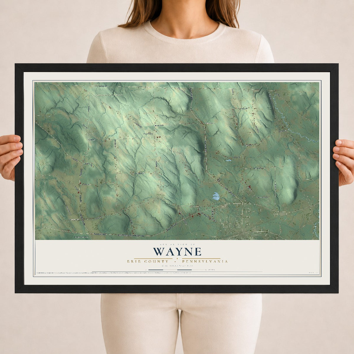 Map of Wayne, Erie County, Pennsylvania, 18 x 24 inch print in a black wood frame