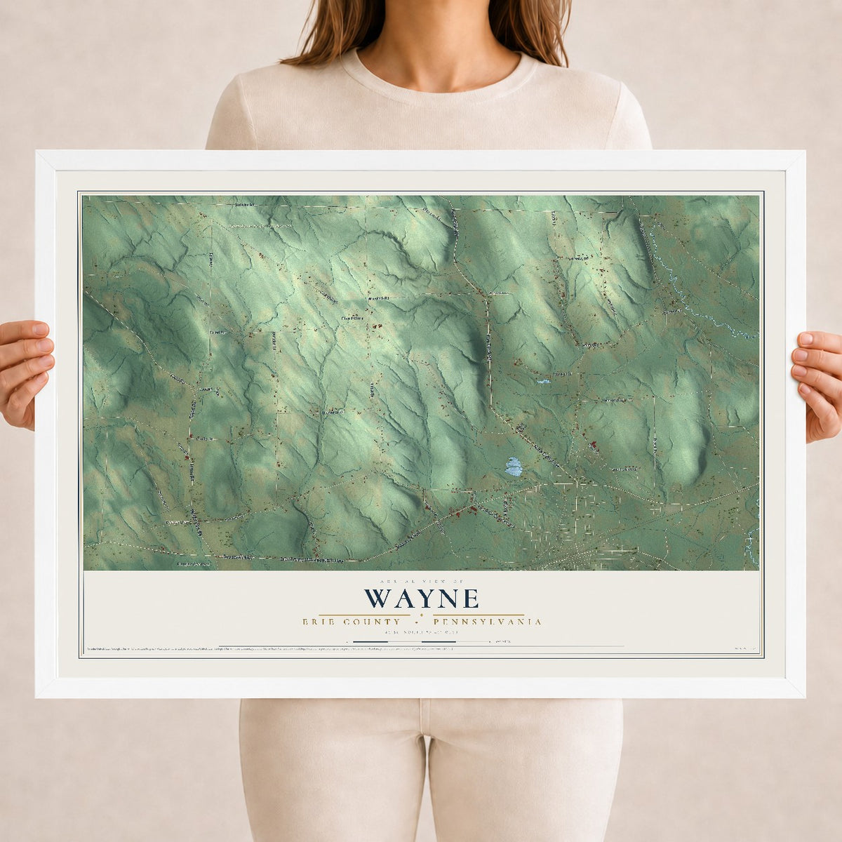 Map of Wayne, Erie County, Pennsylvania, 18 x 24 inch print in a white wood frame