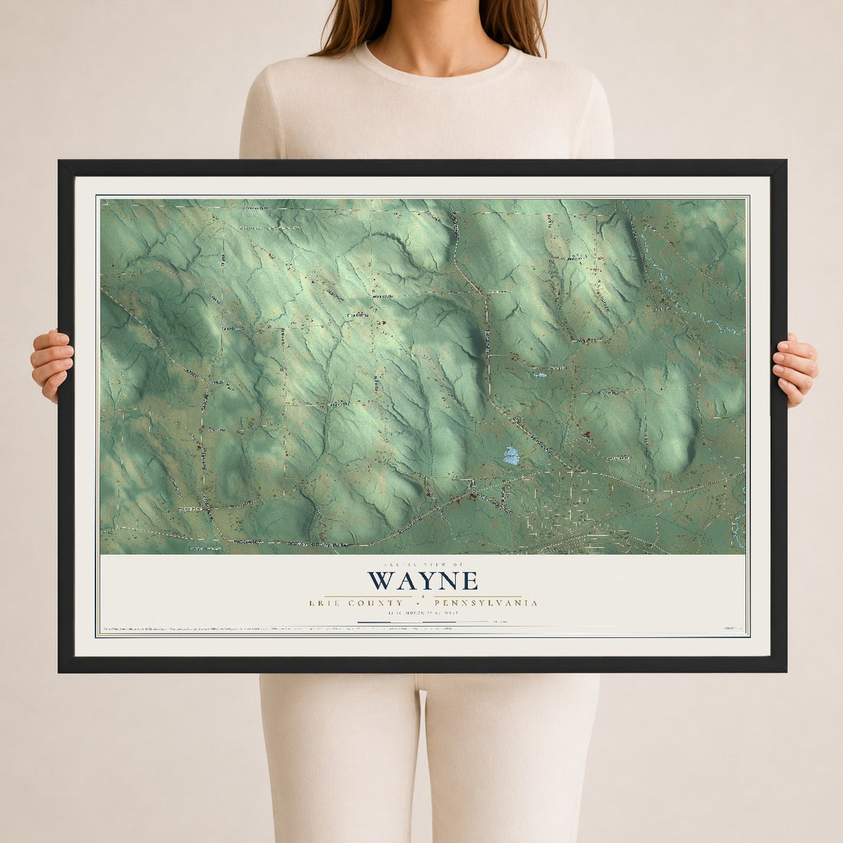 Map of Wayne, Erie County, Pennsylvania, 24 x 36 inch print in a black wood frame