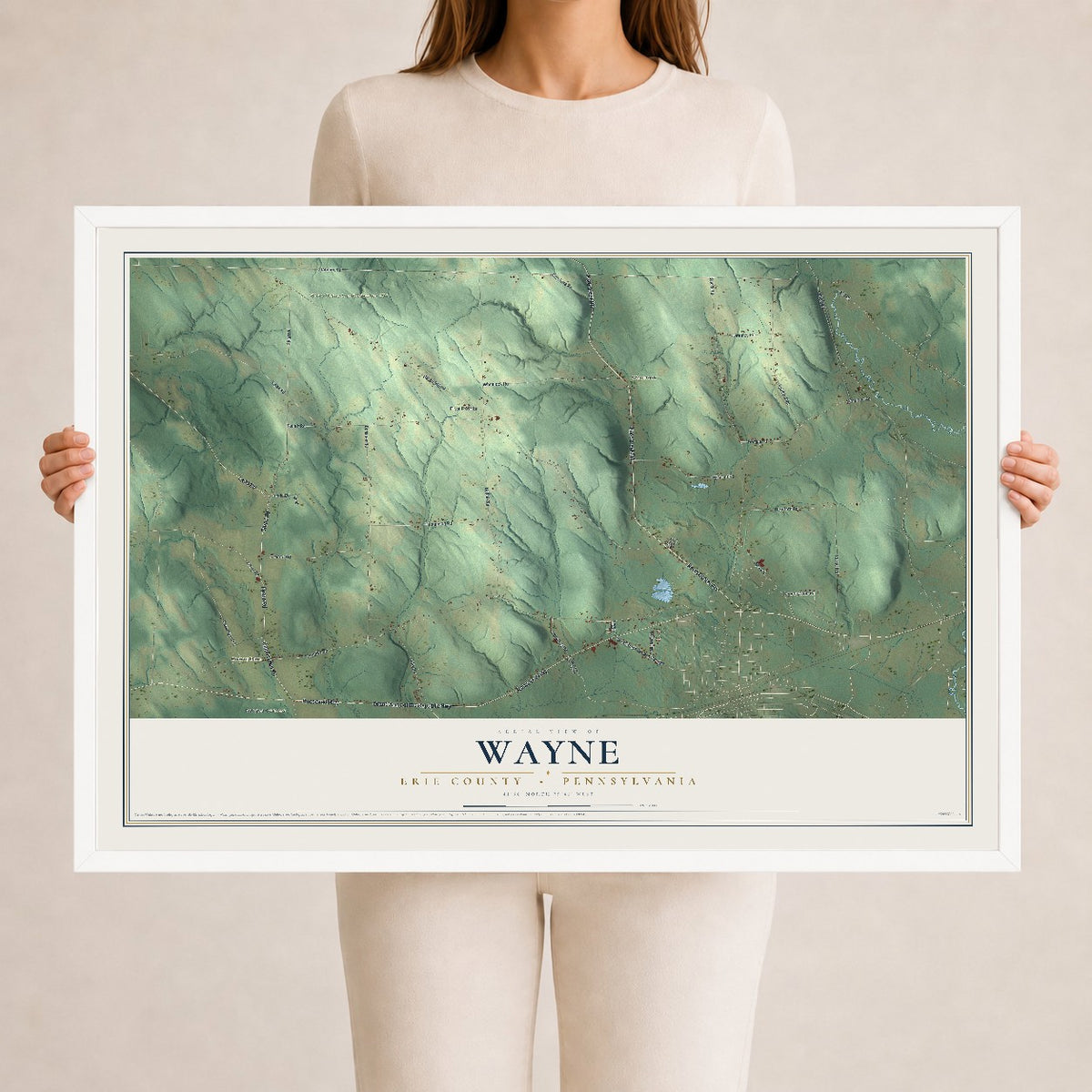 Map of Wayne, Erie County, Pennsylvania, 24 x 36 inch print in a white wood frame