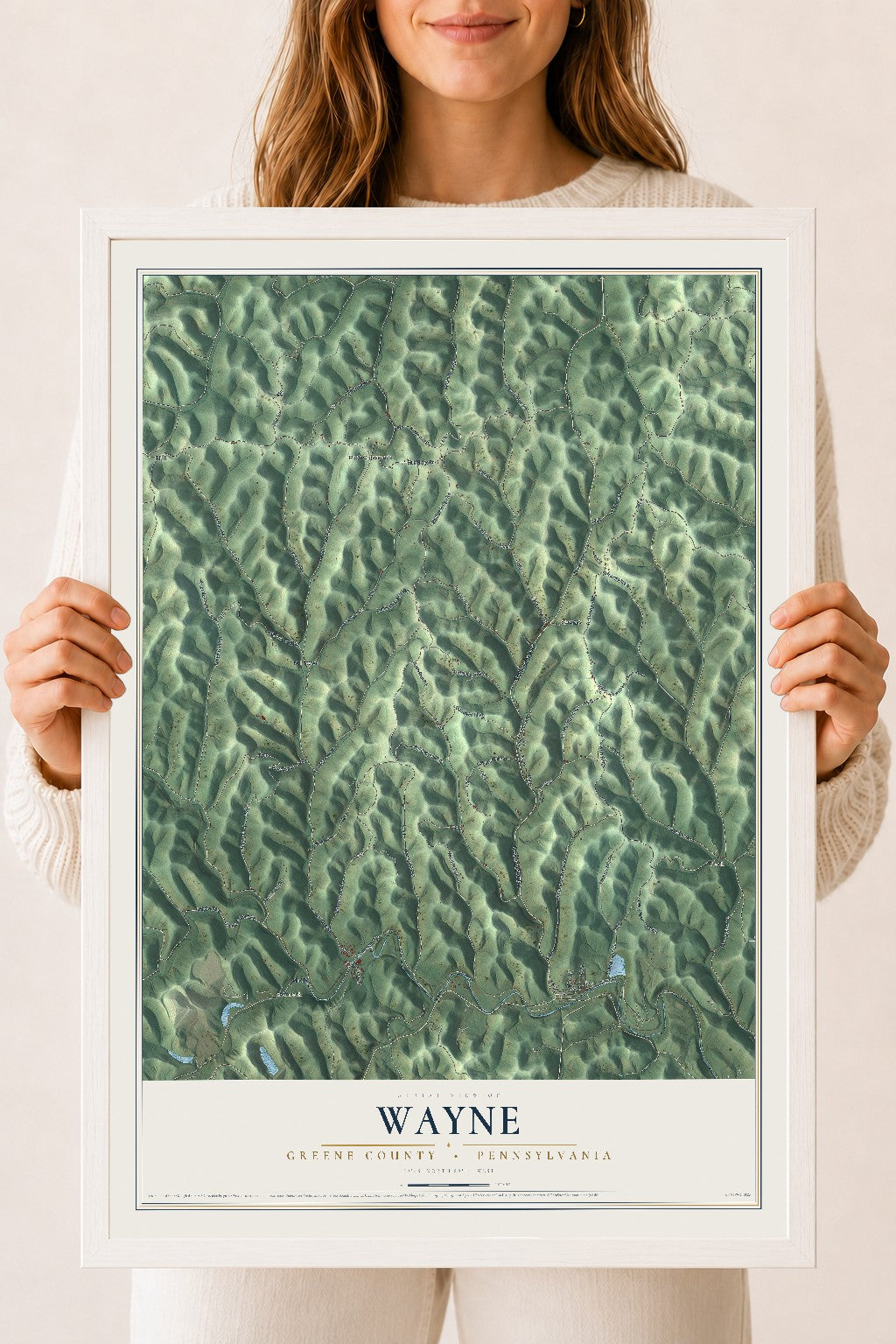 Map of Wayne, Greene County, Pennsylvania, 18 x 24 inch print in a white wood frame