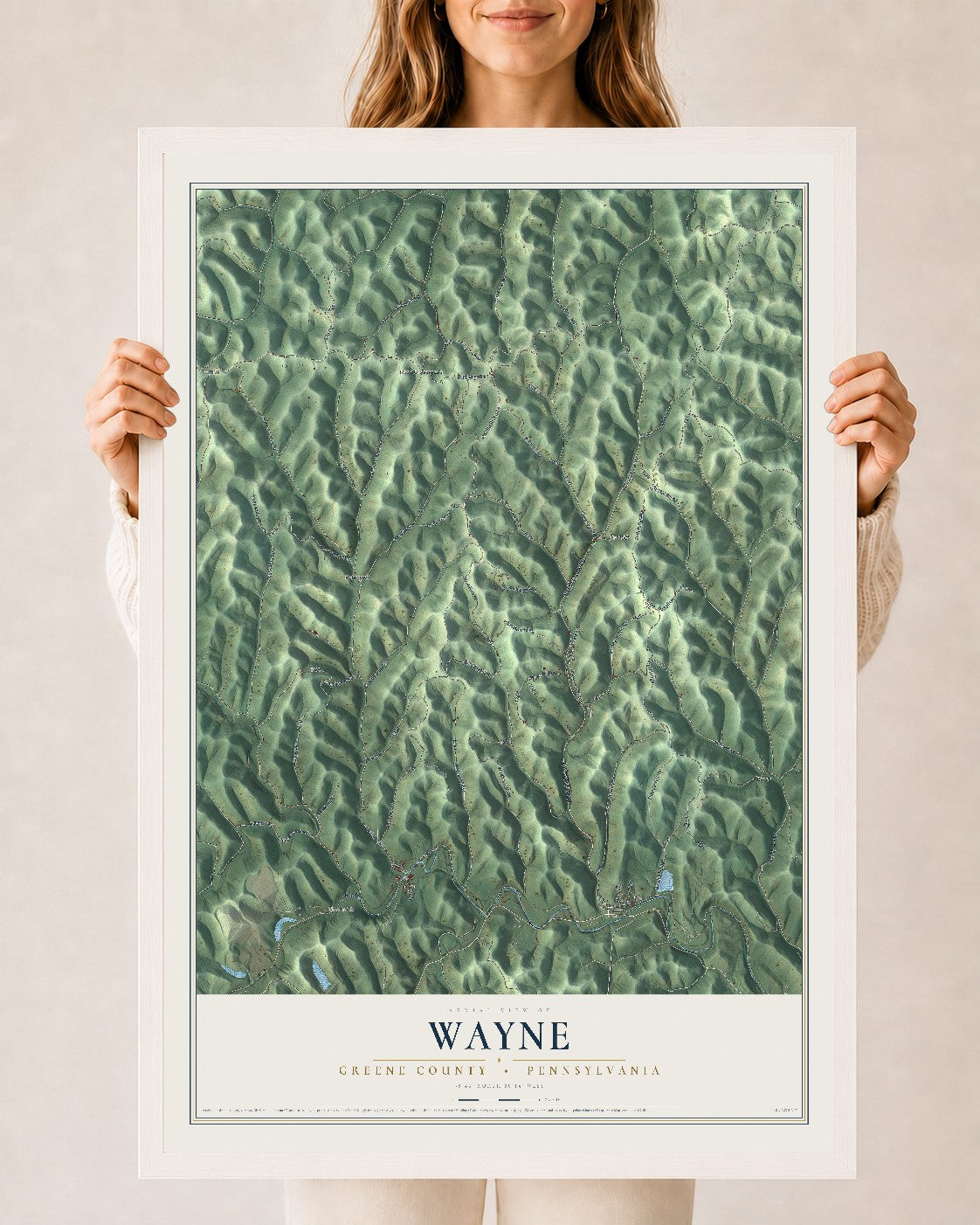 Map of Wayne, Greene County, Pennsylvania, 24 x 36 inch print in a white wood frame