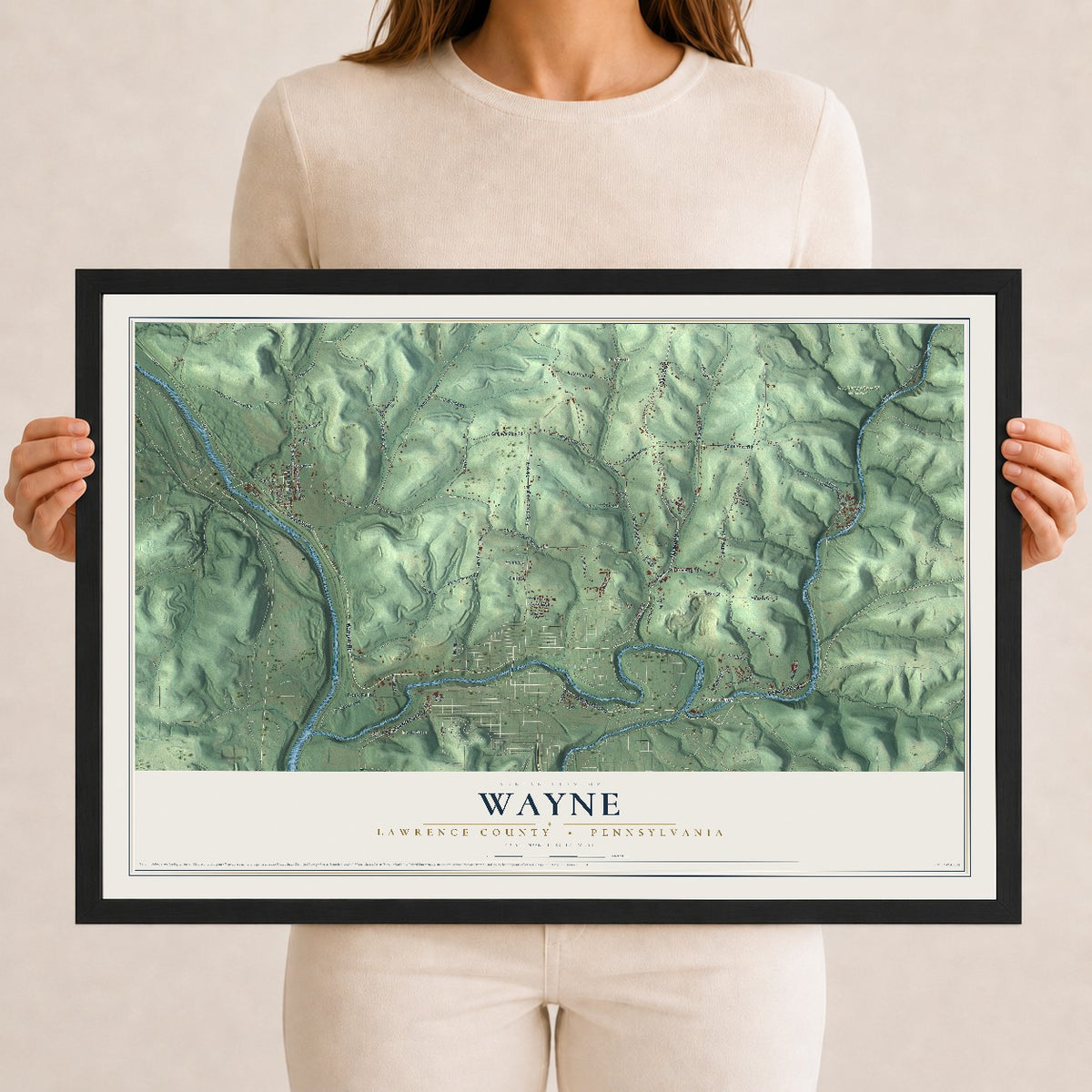 Map of Wayne, Lawrence County, Pennsylvania, 12 x 18 inch print in a black wood frame