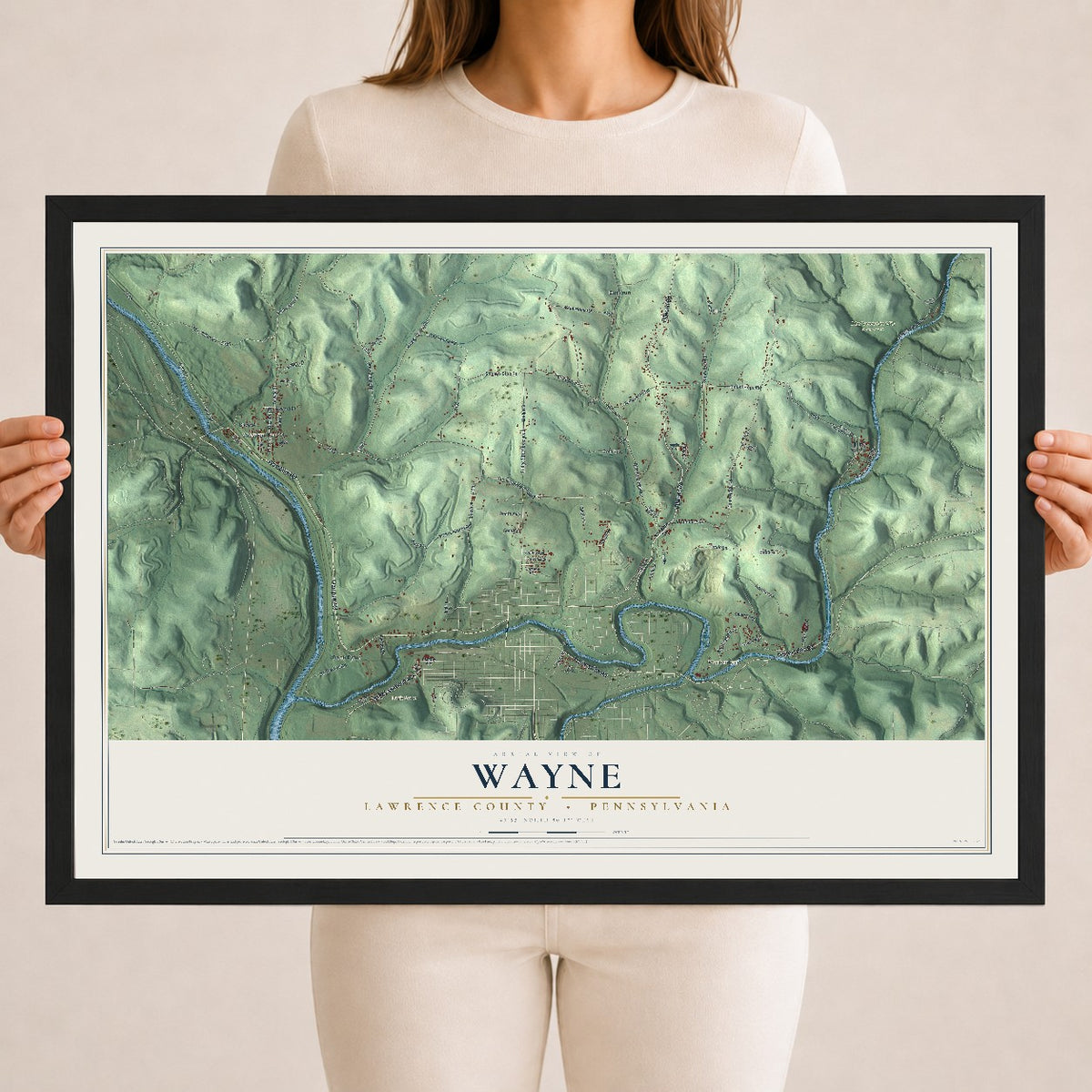 Map of Wayne, Lawrence County, Pennsylvania, 18 x 24 inch print in a black wood frame