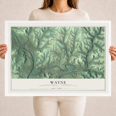 Map of Wayne, Lawrence County, Pennsylvania, 18 x 24 inch print in a white wood frame