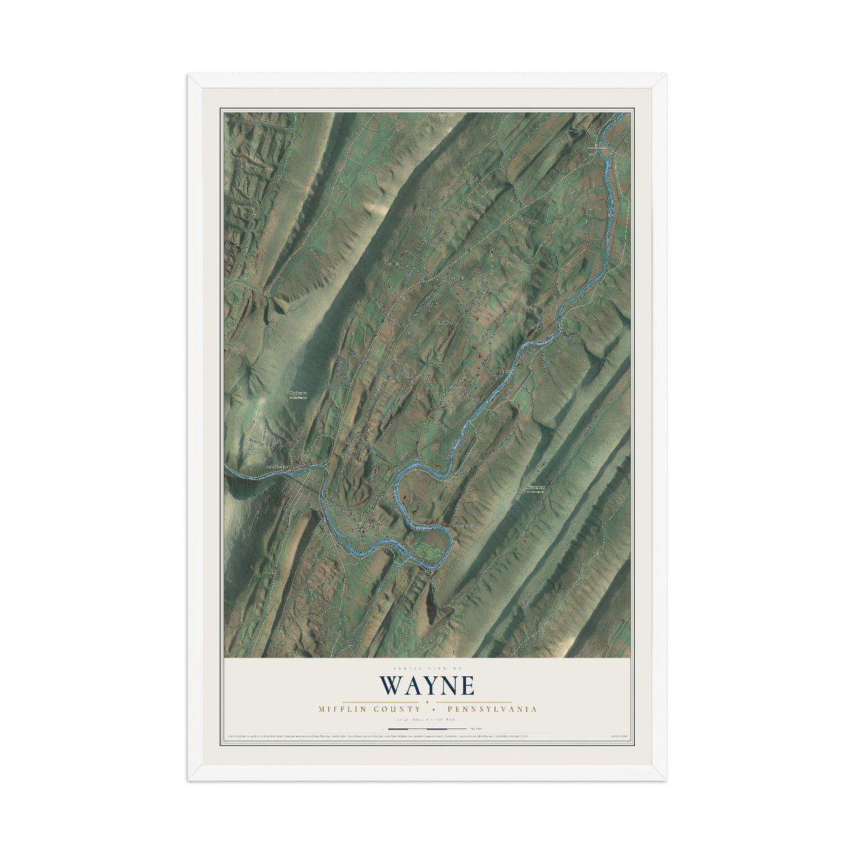 Map of Wayne, Mifflin County, Pennsylvania, 12 x 18 inch print in a white wood frame