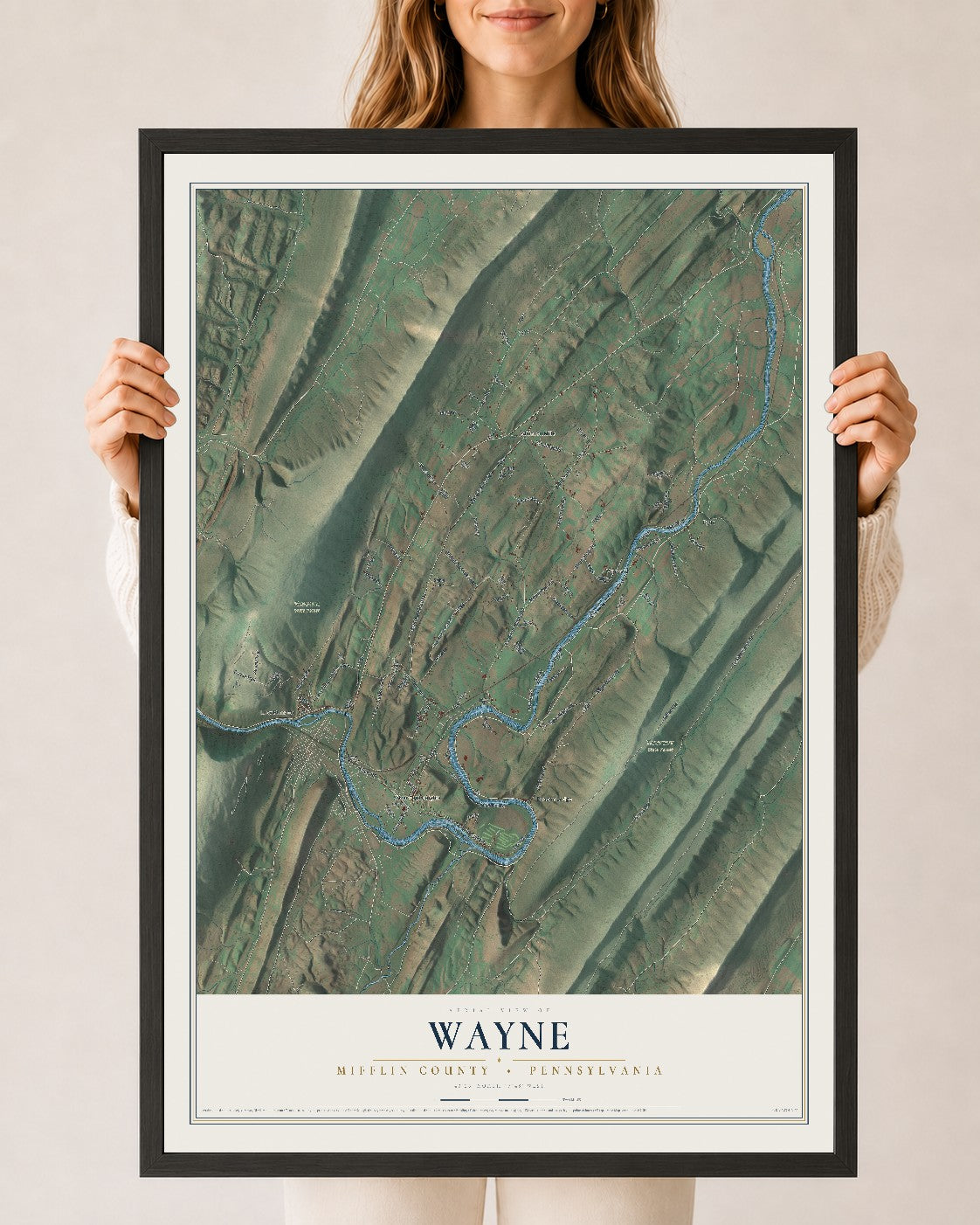 Map of Wayne, Mifflin County, Pennsylvania, 24 x 36 inch print in a black wood frame