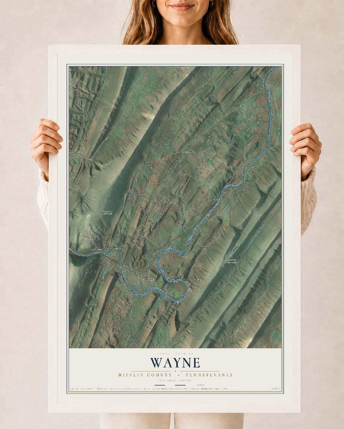 Map of Wayne, Mifflin County, Pennsylvania, 24 x 36 inch print in a white wood frame