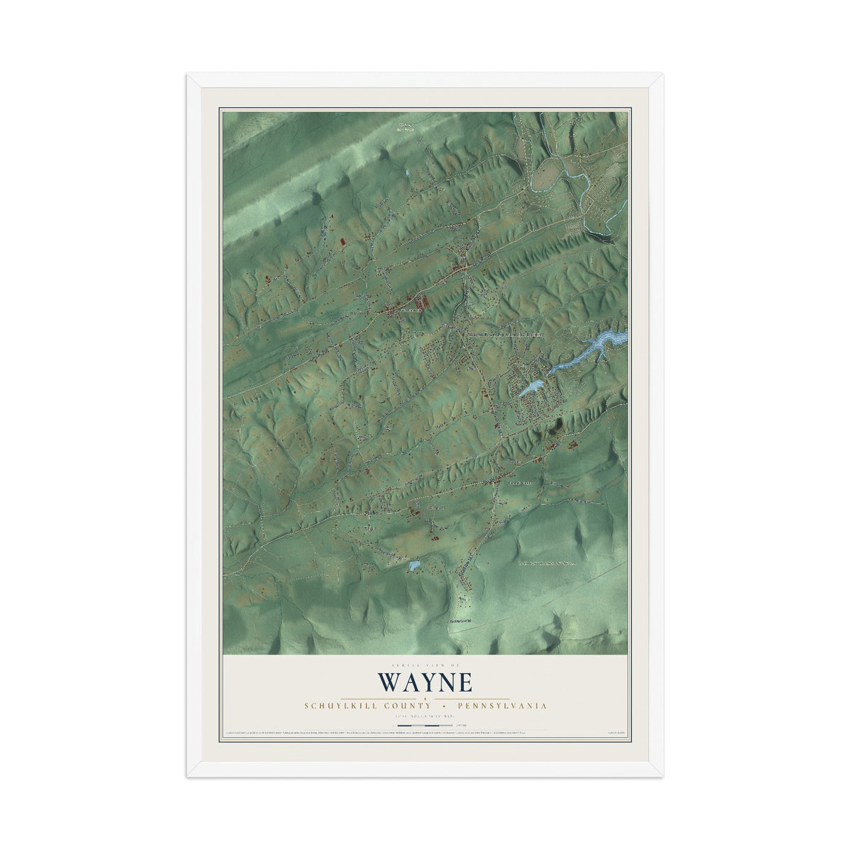 Map of Wayne, Schuylkill County, Pennsylvania, 12 x 18 inch print in a white wood frame