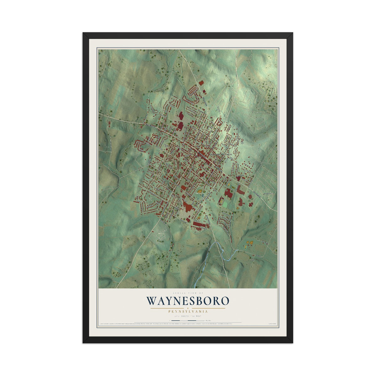 Map of Waynesboro, Pennsylvania, 12 x 18 inch print in a black wood frame