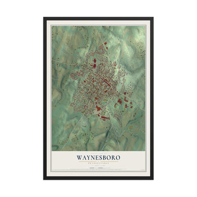 Map of Waynesboro, Pennsylvania, 12 x 18 inch print in a black wood frame