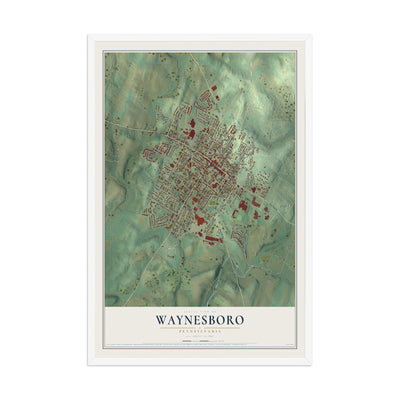Map of Waynesboro, Pennsylvania, 12 x 18 inch print in a white wood frame