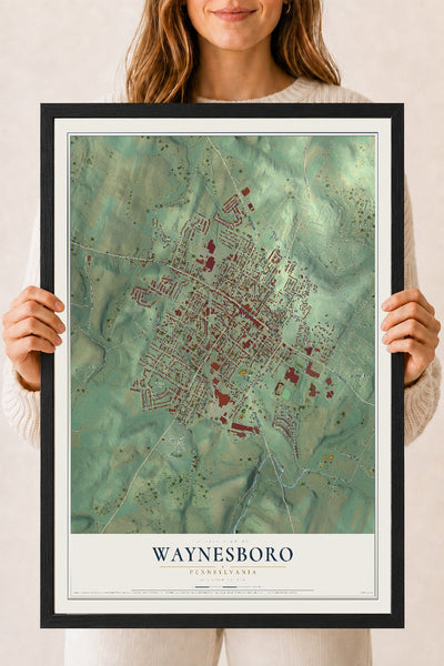 Map of Waynesboro, Pennsylvania, 18 x 24 inch print in a black wood frame