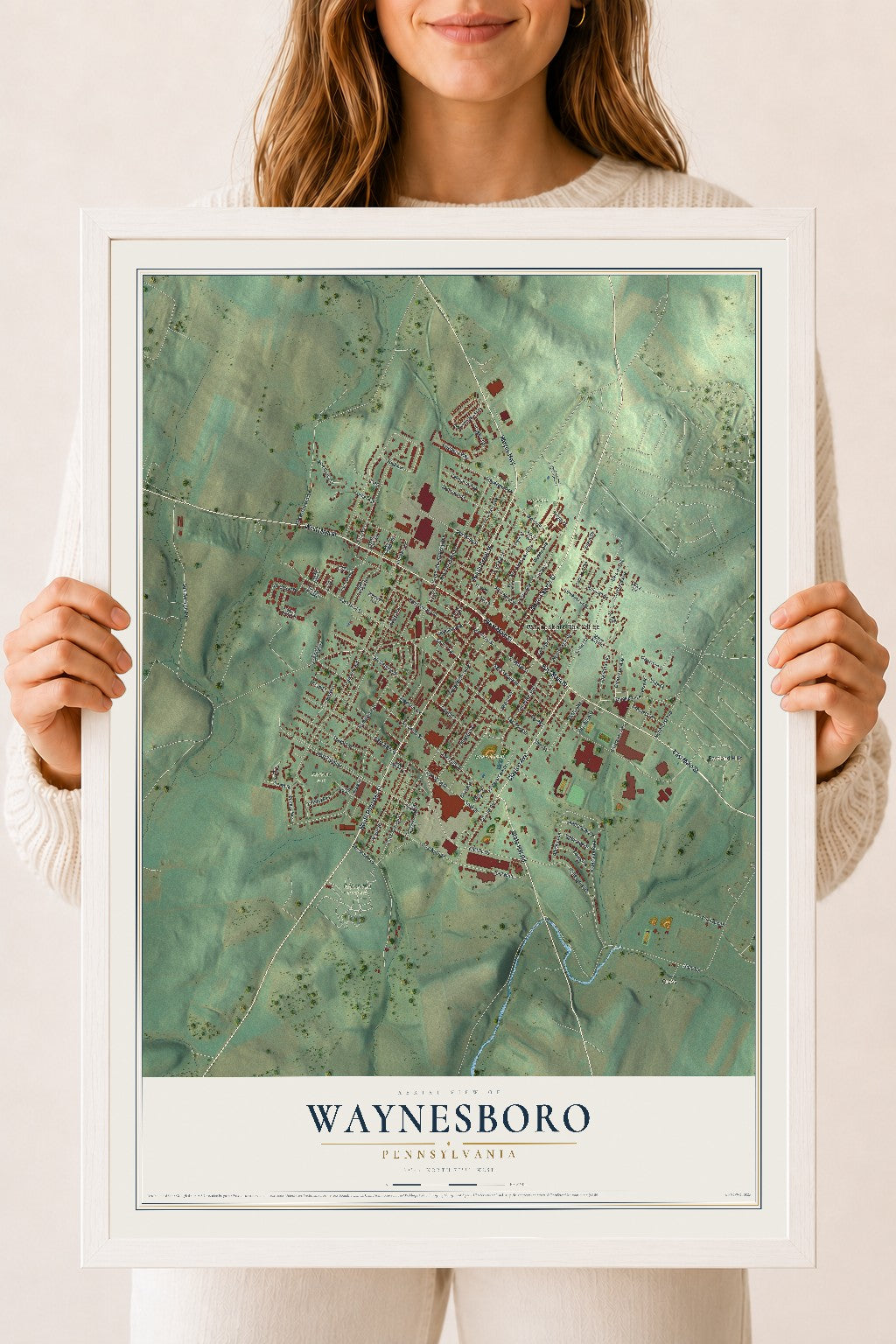 Map of Waynesboro, Pennsylvania, 18 x 24 inch print in a white wood frame