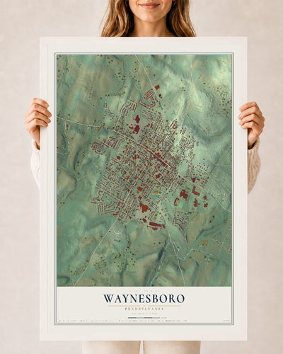 Map of Waynesboro, Pennsylvania, 24 x 36 inch print in a white wood frame