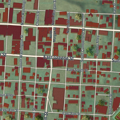 Close-up of the map of Waynesburg, Pennsylvania print showing street and building detail