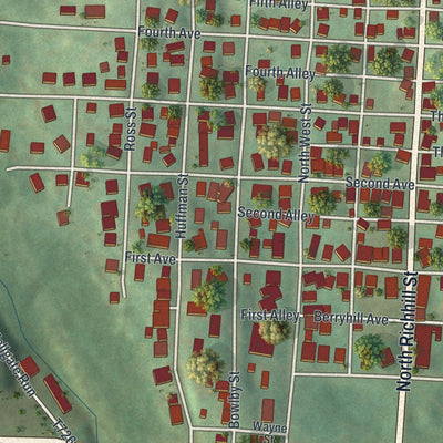 Second close-up of the map of Waynesburg, Pennsylvania print showing more streets and buildings