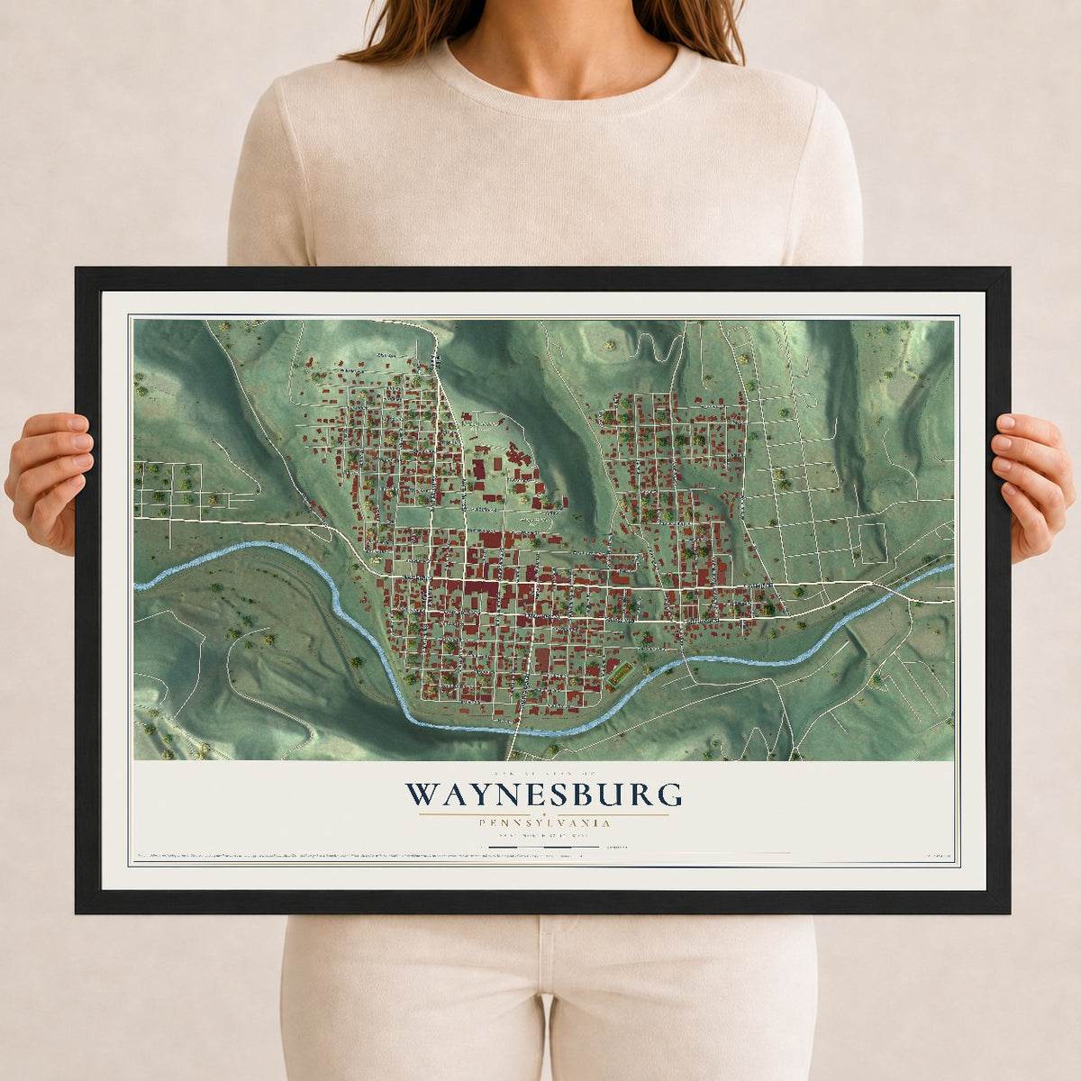 Map of Waynesburg, Pennsylvania, 12 x 18 inch print in a black wood frame