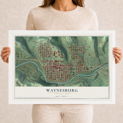 Map of Waynesburg, Pennsylvania, 12 x 18 inch print in a white wood frame