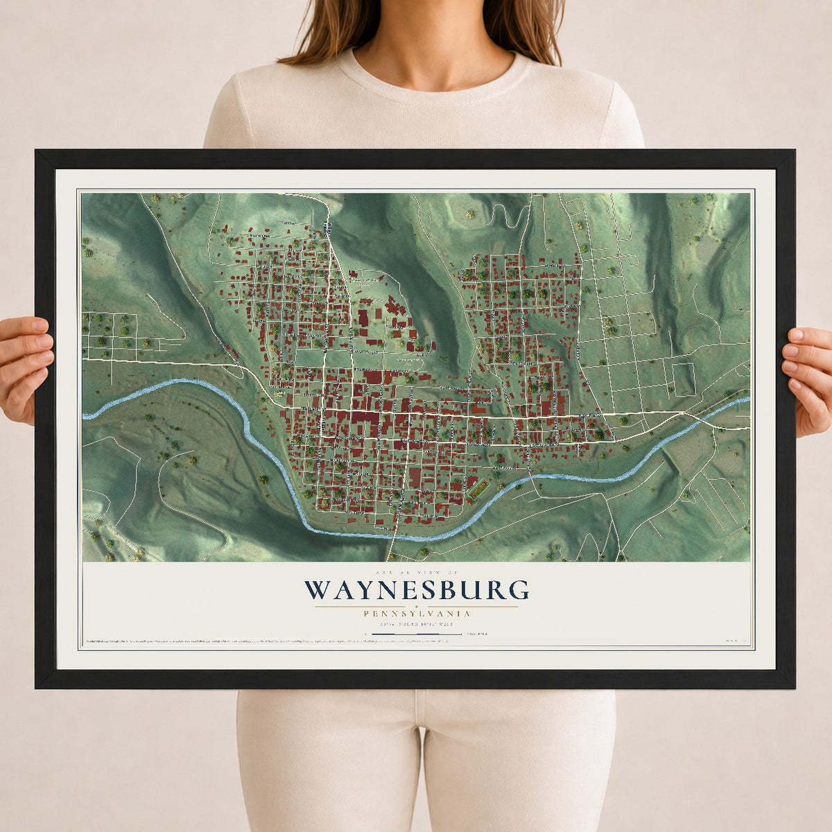 Map of Waynesburg, Pennsylvania, 18 x 24 inch print in a black wood frame