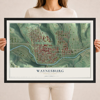 Map of Waynesburg, Pennsylvania, 18 x 24 inch print in a black wood frame