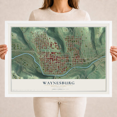 Map of Waynesburg, Pennsylvania, 18 x 24 inch print in a white wood frame