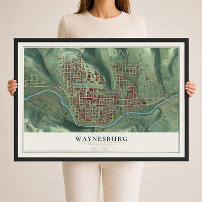 Map of Waynesburg, Pennsylvania, 24 x 36 inch print in a black wood frame
