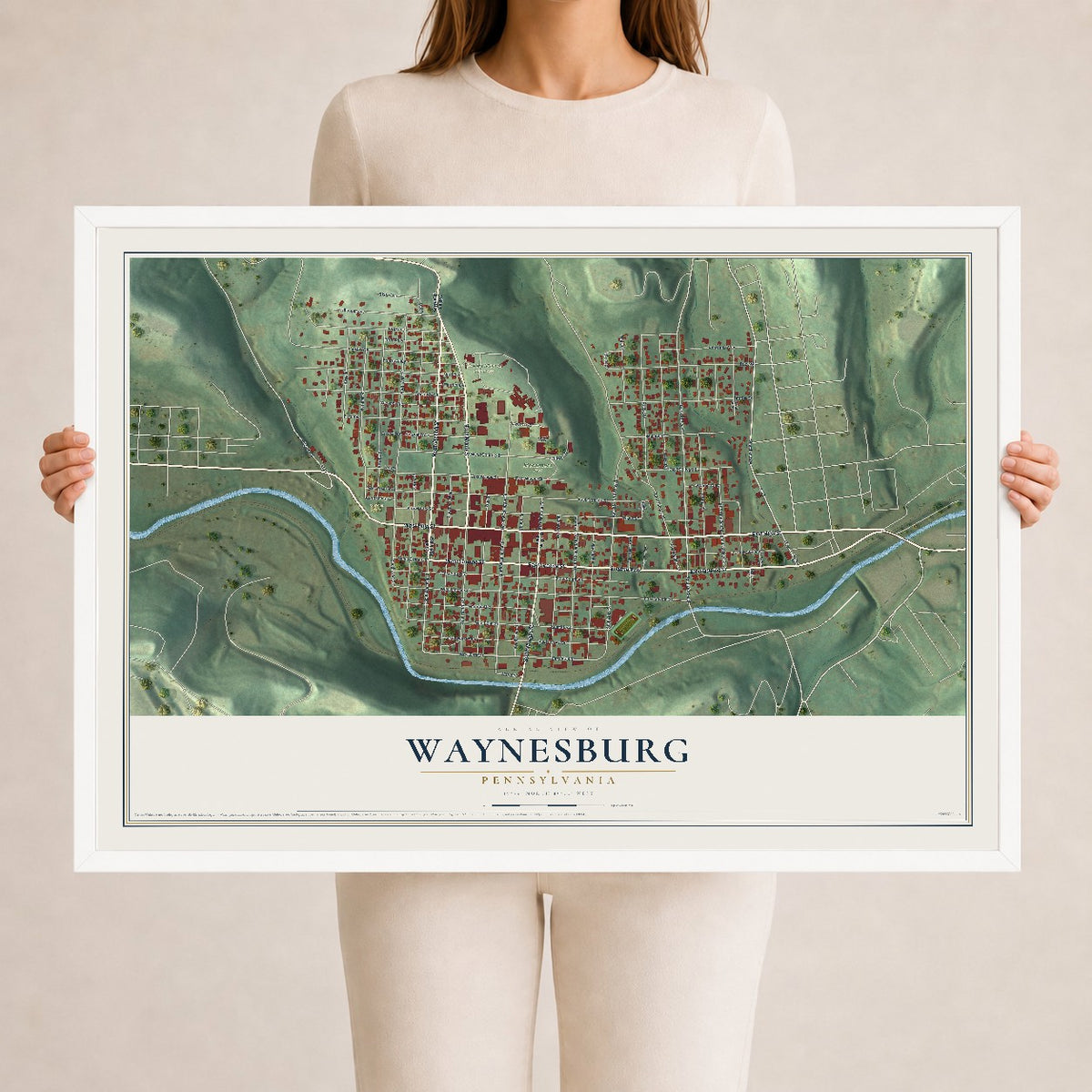 Map of Waynesburg, Pennsylvania, 24 x 36 inch print in a white wood frame