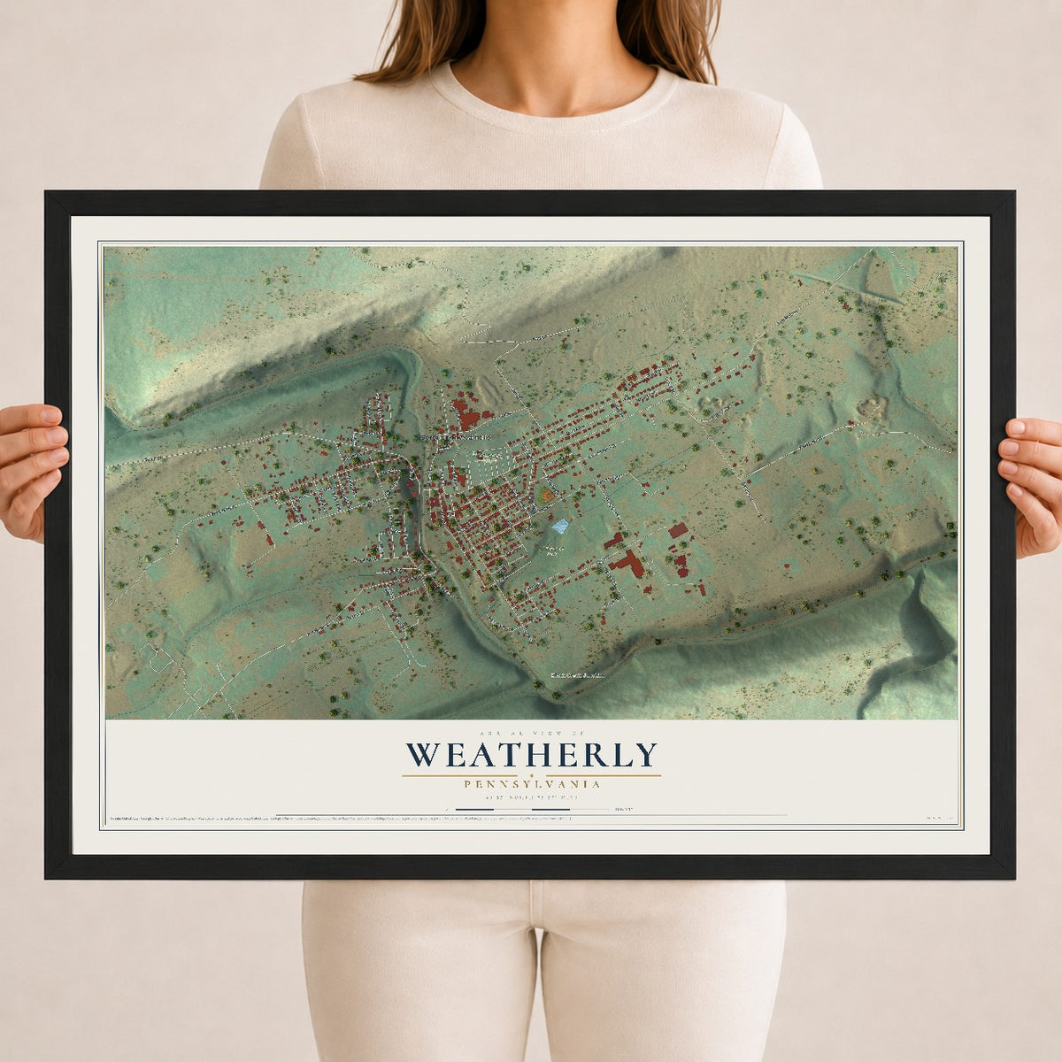 Map of Weatherly, Pennsylvania, 18 x 24 inch print in a black wood frame