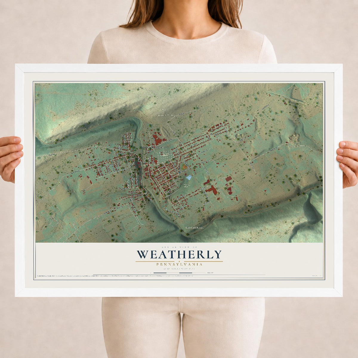 Map of Weatherly, Pennsylvania, 18 x 24 inch print in a white wood frame