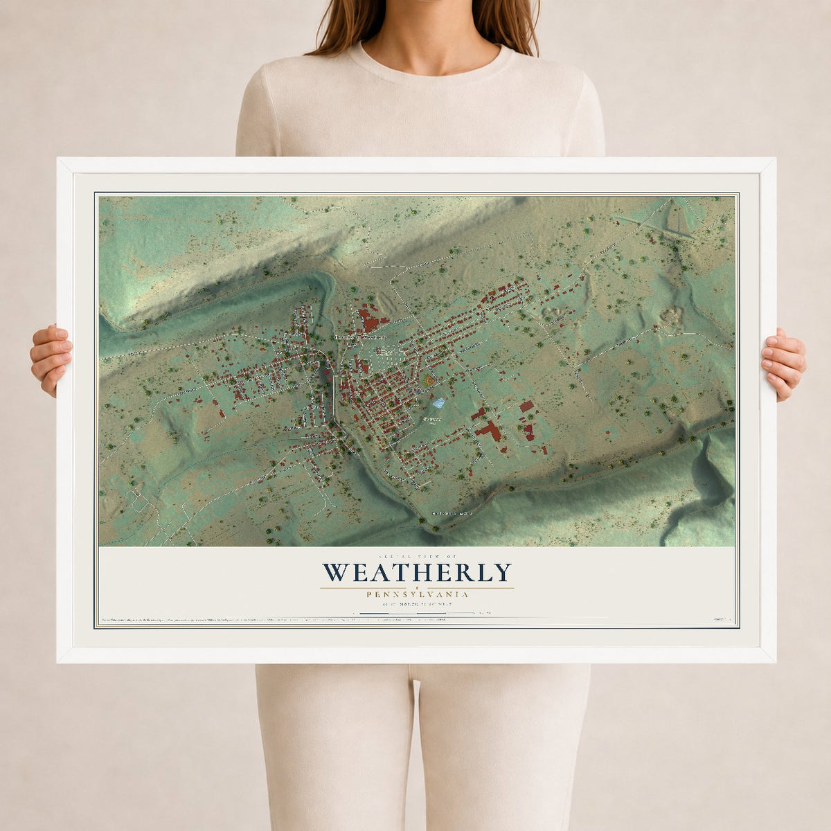 Map of Weatherly, Pennsylvania, 24 x 36 inch print in a white wood frame