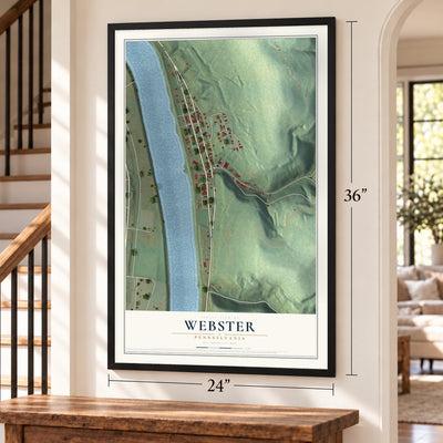 Webster, Pennsylvania map, 24 x 36 inch print in a black frame by a staircase
