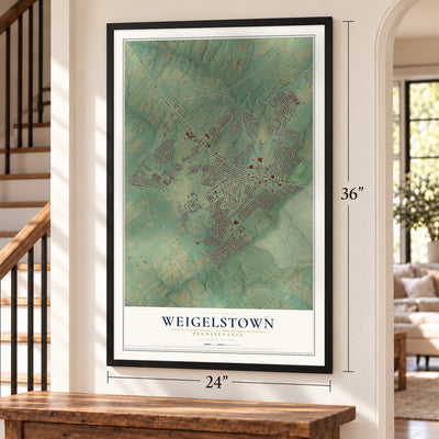 Weigelstown, Pennsylvania map, 24 x 36 inch print in a black frame by a staircase
