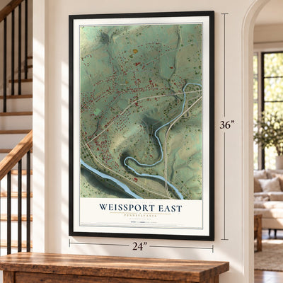 Weissport East, Pennsylvania map, 24 x 36 inch print in a black frame by a staircase