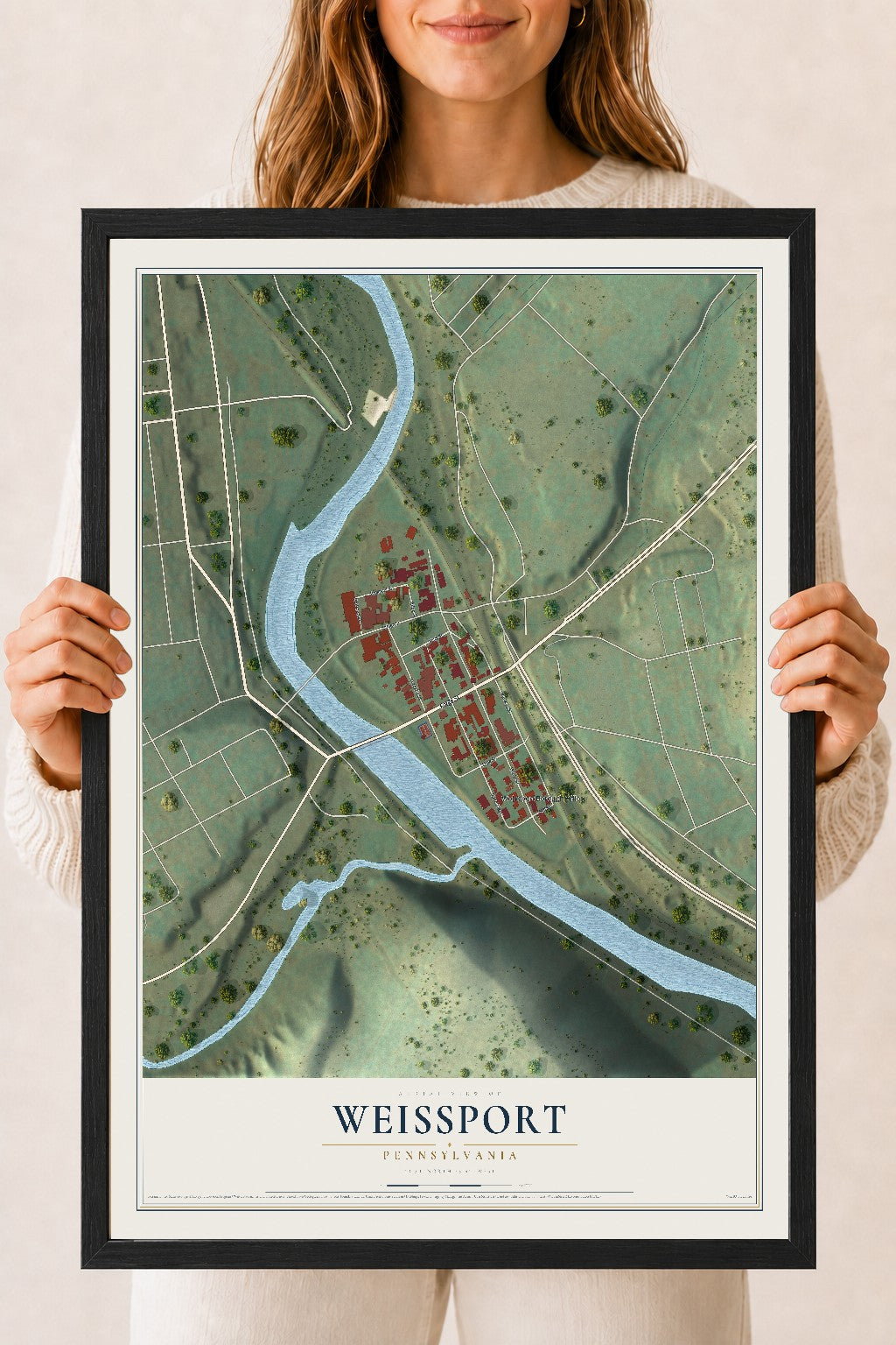 Map of Weissport, Pennsylvania, 18 x 24 inch print in a black wood frame
